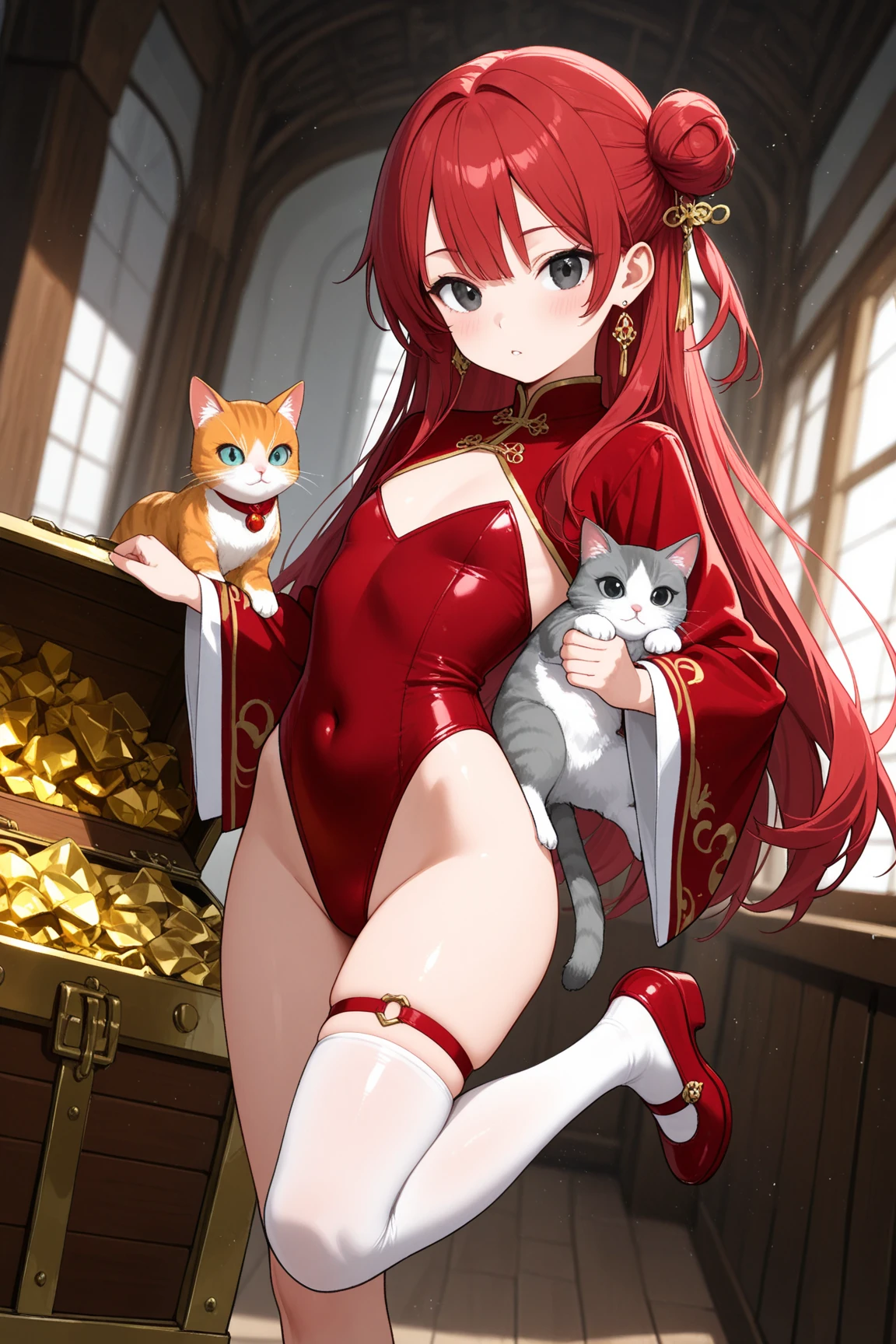 8k, best quality, masterpiece, clear, professional lighting, beautiful face, 1girl, solo, long hair, long sleeves, hair ornament, jewelry, thighs, earrings, red hair, Flat Chest、shoes, wide sleeves, white thighhighs, black eyes, thigh strap, covered navel, single hair bun, red footwear, single thighhigh, highleg leotard, single side bun, red leotard、school room、The cat's return of gratitude, cat, a gentleman cat in formal attire, a gift, a gentleman cat carrying a large treasure ,