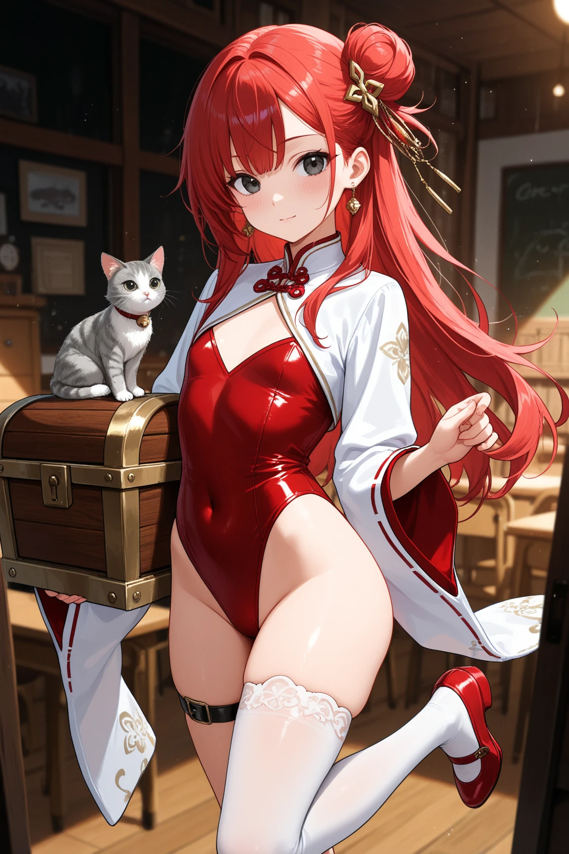 8k, best quality, masterpiece, clear, professional lighting, beautiful face, 1girl, solo, long hair, long sleeves, hair ornament, jewelry, thighs, earrings, red hair, Flat Chest、shoes, wide sleeves, white thighhighs, black eyes, thigh strap, covered navel, single hair bun, red footwear, single thighhigh, highleg leotard, single side bun, red leotard、school room、The cat's return of gratitude, cat, a gentleman cat in formal attire, a gift, a gentleman cat carrying a large treasure ,