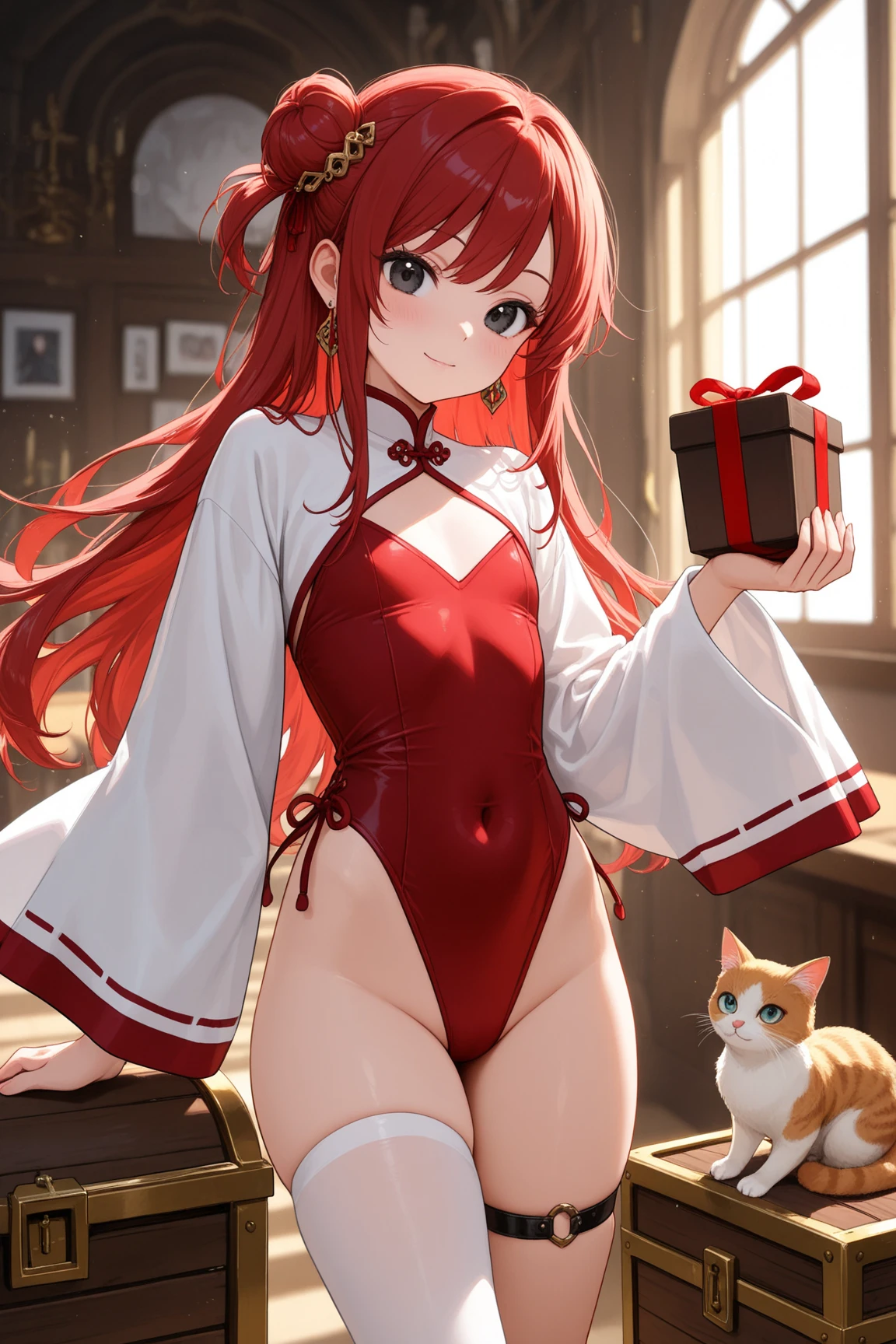 8k, best quality, masterpiece, clear, professional lighting, beautiful face, 1girl, solo, long hair, long sleeves, hair ornament, jewelry, thighs, earrings, red hair, Flat Chest、shoes, wide sleeves, white thighhighs, black eyes, thigh strap, covered navel, single hair bun, red footwear, single thighhigh, highleg leotard, single side bun, red leotard、school room、The cat's return of gratitude, cat, a gentleman cat in formal attire, a gift, a gentleman cat carrying a large treasure ,