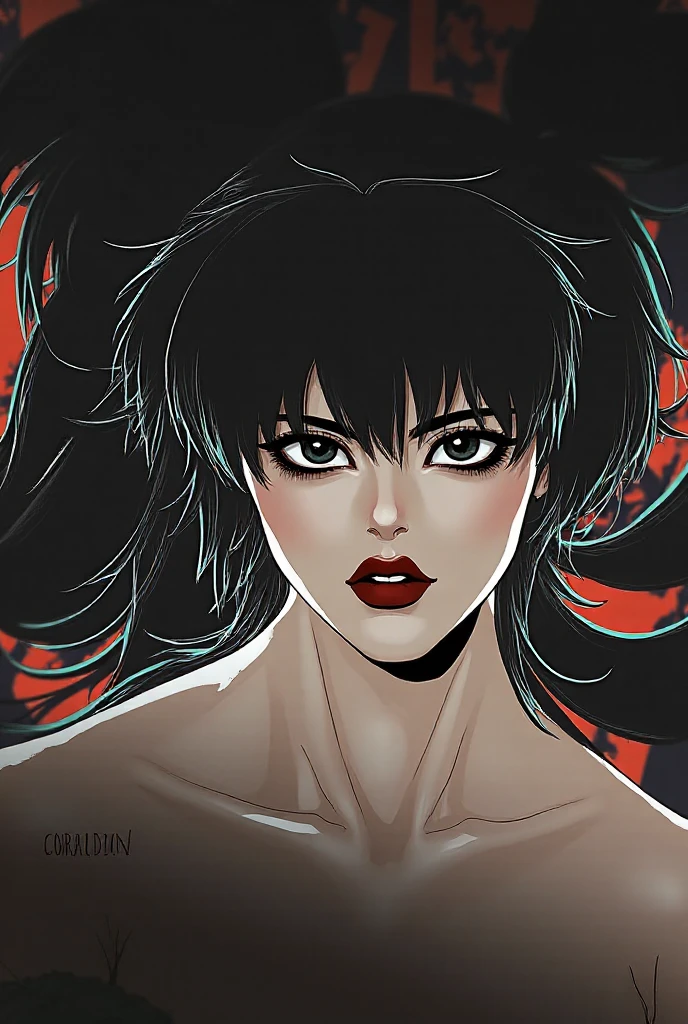 1 demon girl 
Abnormaly elongated
gradient color
(red leather turtle neck tight with zipper),
black long hair
geisha, small intriquet demon hoard hyper detailed realism, clinging to her.
(art by  Yoshitaka Amano   )  intense dark feeling, scary, morbid 