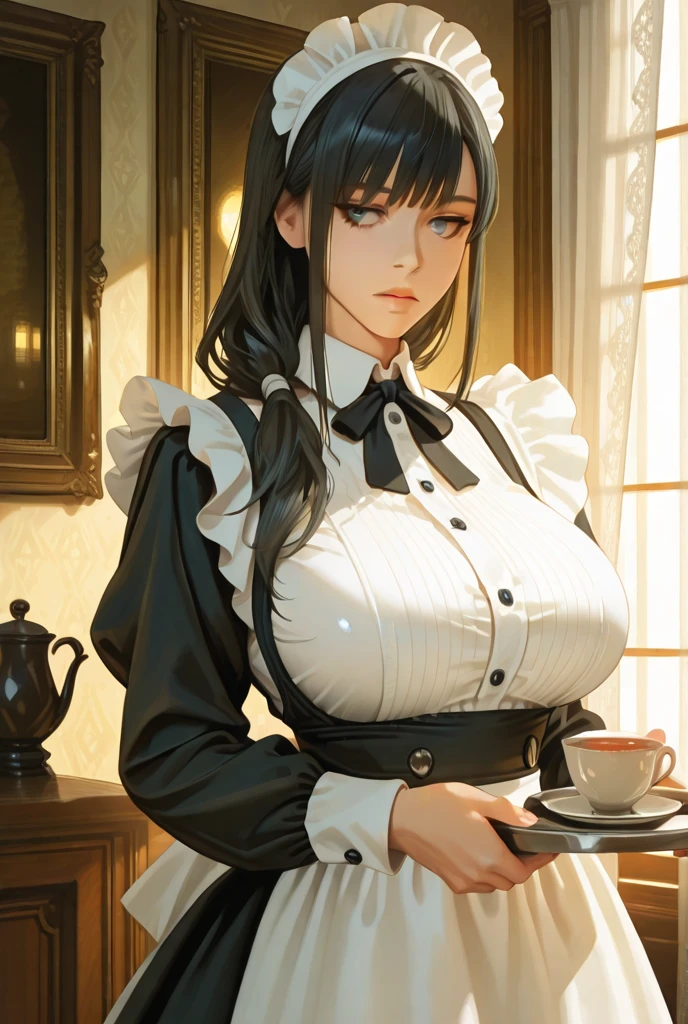 (top-quality: 1.3), (​masterpiece: 1.3), (Super Detail: 1.3), (wall-paper, one girls: 1.1)、(Detailed hands and fingers:1.2)、(Detailed ultra-oily shiny skin:1.1)、(Maid costume:1.1)、White Brim、White High Socks、Black hair、Longhaire、Straight hair、Beautiful sister、(ssmile:1.3)、(a house:1.2)、livingroom、(Beautiful Large Breasts:1.3) 、sexypose、Carrying tea