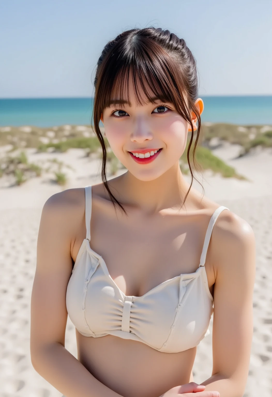 femele,１2 years old,Brown hair,(((White silk micro bikini))),Beautiful ponytail,Blue eyes,Hair fastening to bangs,Wet with water,Look back、sand beach,Natural smile