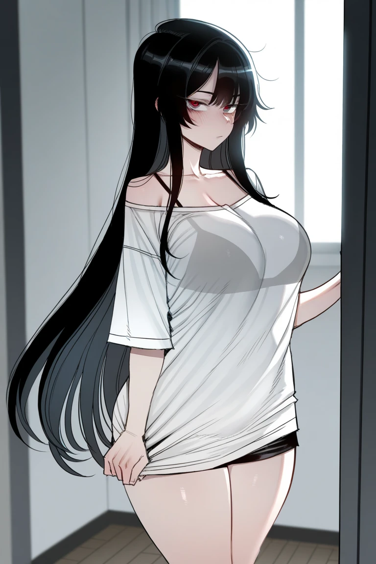 Cute mommy, mature women, realistic skin,perfect ,black hair, long hair, (hair over one eye:1.4), messy hair, hair between eyes, pajama, chubby,plump,fat,dense pubic hair, extreme pubic hair, Sexy lips, pucker lips,cute shy blush on