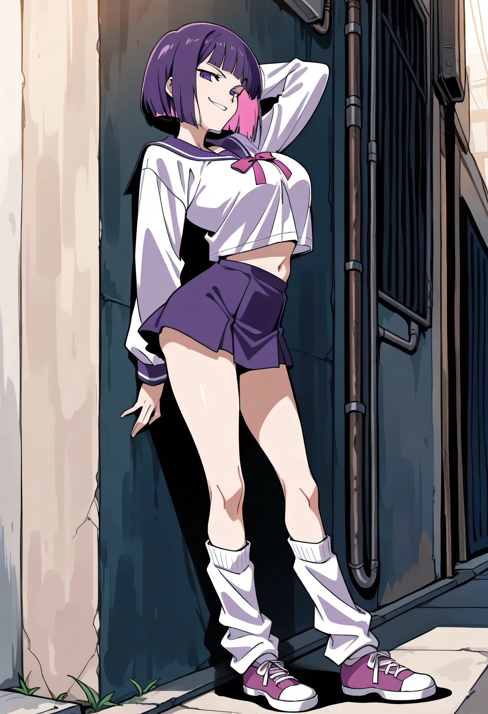 score_9, score_8_up, score_7_up, 1girl, mature, solo, smirk, bob cut , bangs , straight hair, purple hair , pink highlights inner , purple eyes, purple sailor school uniform, navel , short skirt, long legs , big breast , arched back , hand behind head , loose socks, casual stance , shoes , lean against wall , alley background , full body,
v3r1d1an,