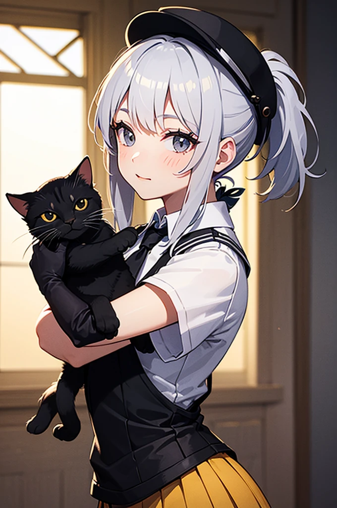 1girl in、A smile、The shirt、Blouse、skirt by the、(small tits)Chilarism、movement、(Gray hair)、Cat's ears、