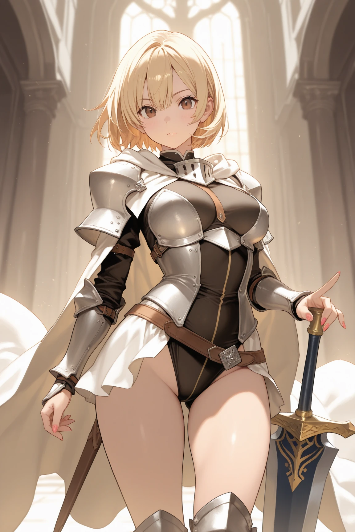 (masterpiece, top quality, best quality), (splash art), girl, faithless, blonde, female knight, knight armor, steel, red, gold, (transparent skirt), see through, panties, lewd, realistic, breastplate