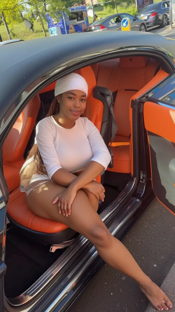 very huge breasts, dark skin, yellow hair, short hair, full body pose, Happy smile, realistic and detailed hands, realistic and detailed face, realistic and detailed tooth, realistic and detailed foots, realistic and detailed face, aviator sunglasses, green and blue short kimono, sitting in front of the car.