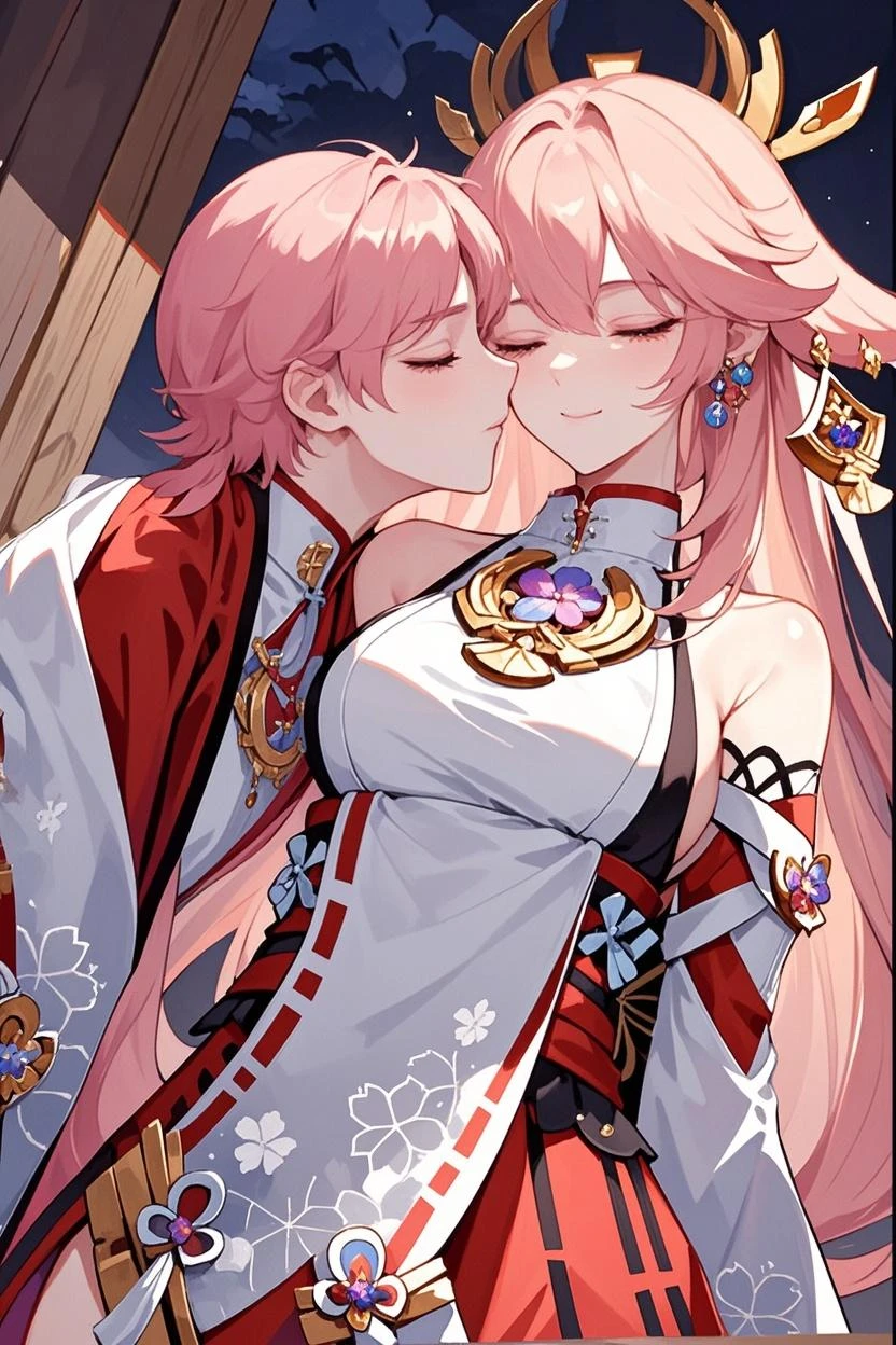 anime image of two women dressed in traditional japanese clothing in japanese shrine, palace a girl in hanfu, wlop and sakimichan, pink haired deity, characters from azur lane, anime fantasy illustration, from the azur lane videogame, genshin, artwork in the style of guweiz, miko detailed art, two beautiful anime girls, pink hair, mother and child, pray at the shrine, sitting in the temple, kiss on the cheek, chuckle