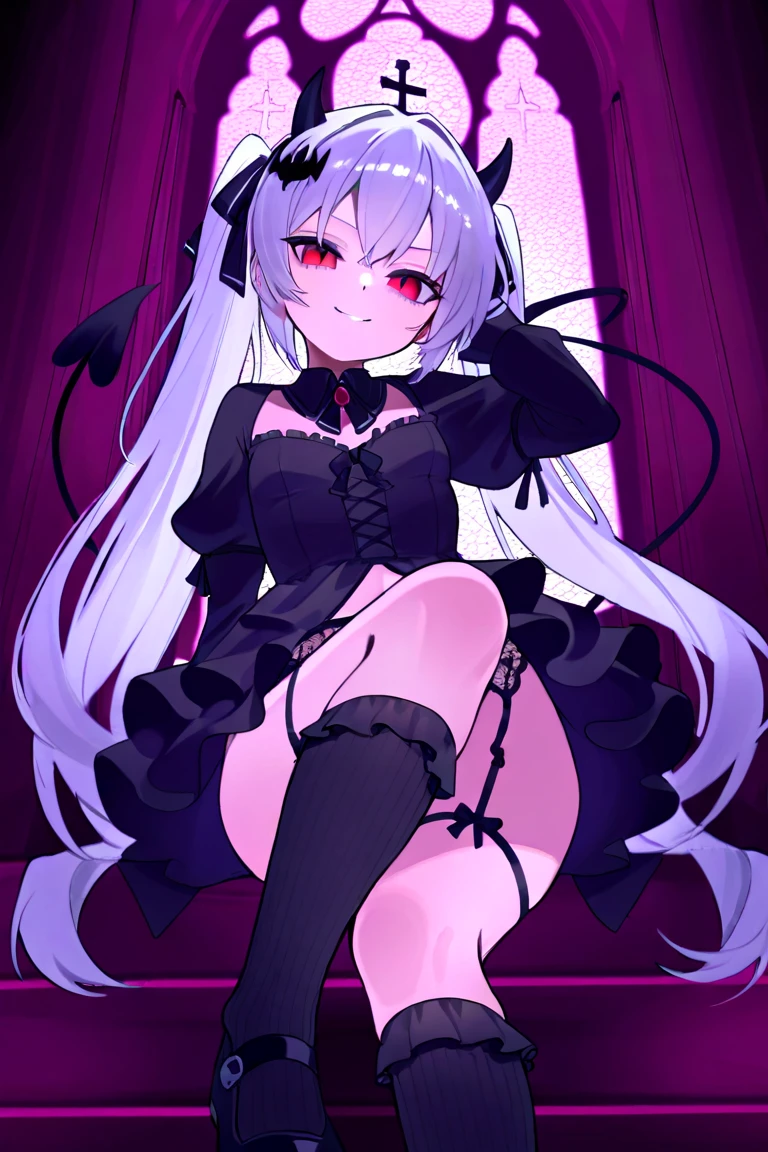 NSFW,masterpiece,Highest quality,High resolution,Very detailed,white\(no game No life\),Small breasts,Multicolored Hair,Gradient Hair,Long Hair,Bad smile,blush,heart,(Succubus),Devil horns,(tail),(wing),High-quality black frill dress,leotard,Fishnet tights,Sexy pose,Abandoned Castle,Horse riding