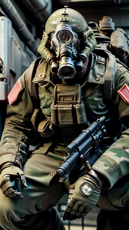 tactical gear, tactical armour, special forces, photography, crouching, aiming weapon, side view, abandoned building, smoke, fire, bullet tracers