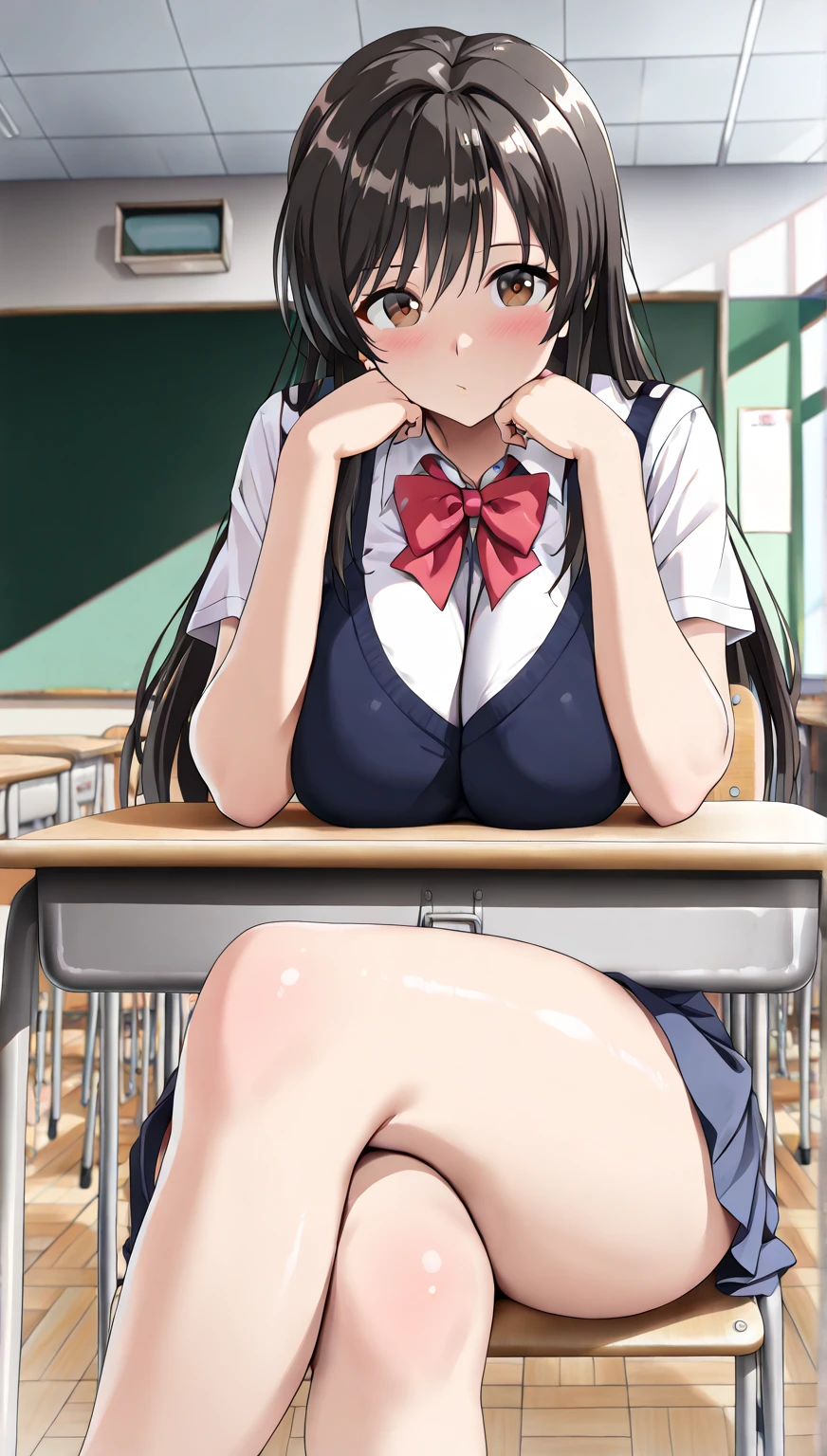 high school girl、Dressed in high 、School classroom、(Big Breasts)、Grinning face、((solo))、smirk