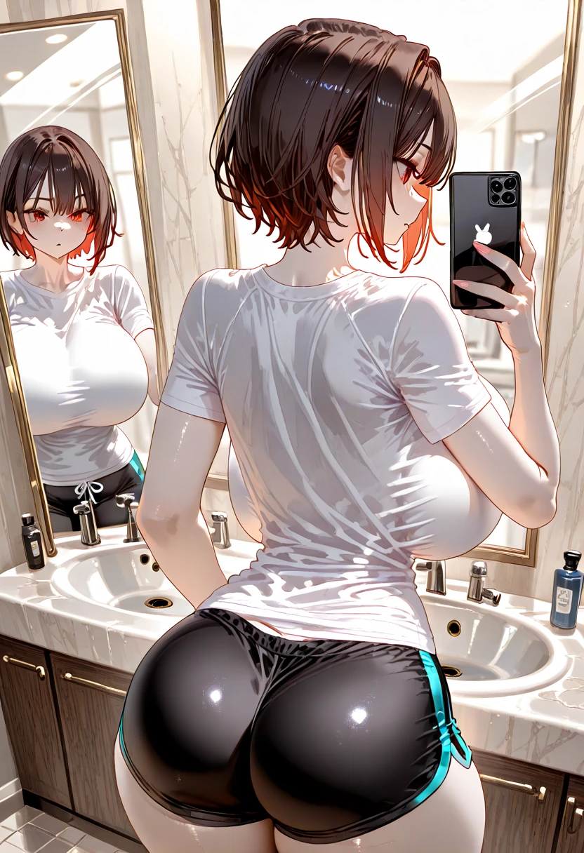 (masterpiece, best quality), 2girls, young teen, (skinny:1.5), ((two women in front of mirror:1.3)), vibrant colors, bright, white, watercolor, (small breats:1.2), ((small ass:1.3)), (naked:1.4), (very small sexy t-shirt top:1.5), (oiled:1.5), (rear vw:1.4), (bent over:1.4)