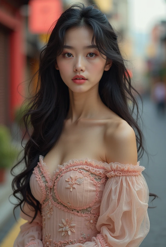 ((best qualtiy,tmasterpiece,超高分辨率)),(realisticlying:1.4),1girll,From head to knees,Dynamic posture,adult face,Slim,(ssmile),(shiny skins),(contours,frontage,eventide),whaite hair,long whitr hair,黑The eye,(big cleavage breasts),Top fashion,((White plush coat)),(nevando:1.5,pedestrian street,The city in winter),(Clear eyes,(Clear nose),(Clear lips),(Fair skin),(Ultra-realistic textile textures),
