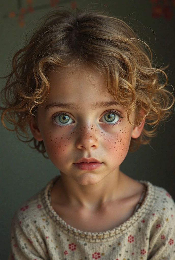 3 year old child with white skin and dark green eyes, brown curly hair 