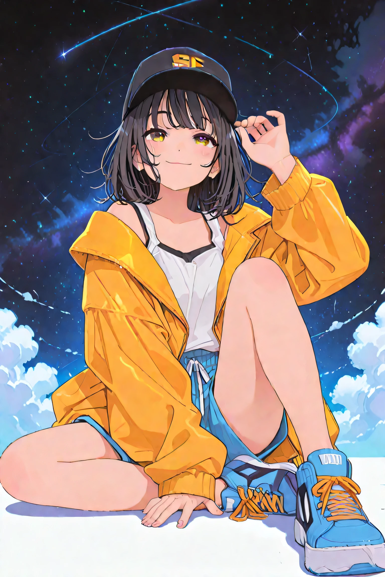 ((highest quality)), ((masterpiece)), (be familiar with), perfect face,Thicker Lines Anime Style LoRA Mix,whole body,skirt,hoodie,sitting,Night background