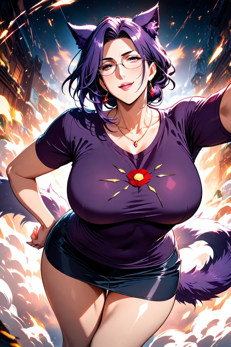 a beautiful detailed black kitsune girl, long black kitsune ears, multiple black kitsune tails, black and red sexy office outfit, 8k, anime style, red eyes, big breasts, extremely detailed eyes and face, ultra-detailed, 4k, high quality, vibrant colors, warm fire, long black hair, short skirt, mature woman, wide waist, red glasses