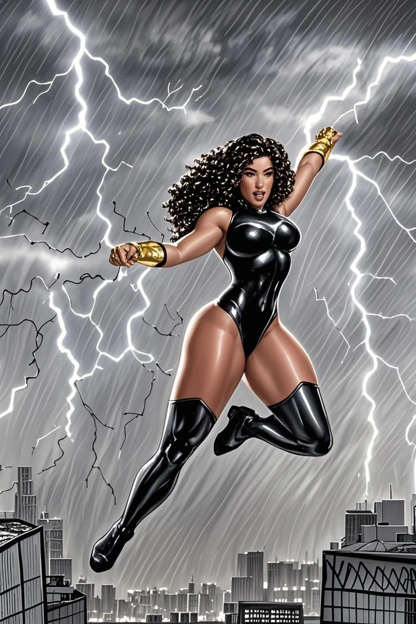 Giant ebony woman a full-body photo of a beautiful black woman floating in the sky among dark clouds with lightning striking around her, Afrofuturista, com luz iridescente, imagens altamente detalhadas, cores vibrantes e bonitas, imagem fotorrealista, 8k, Ultra HD |, motor irreal renderizado, Cinematic lighting, estil o artgerm, MULTIPLAS FOTOS COM FOGO ,AGUA, VENTO, RAIOS,