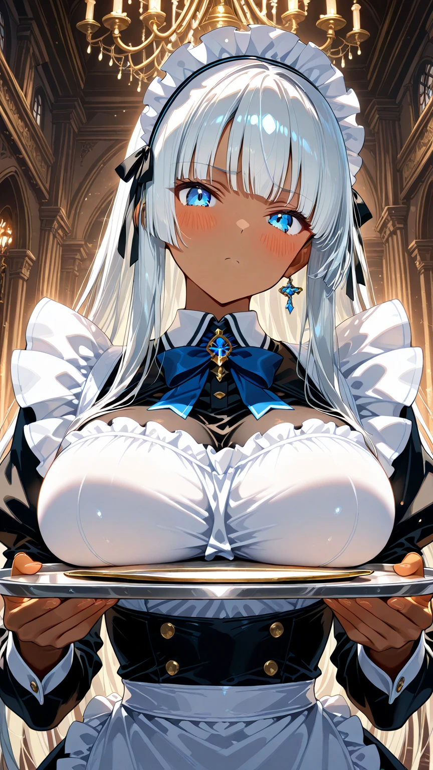 NSFW、Long Hair、Hair between the eyes、とてもLong Hair、White Hair、Messy Hair、(Yellow Eyes:1.3),(Maid clothes:1.5),Off the shoulder,cropped,Micro Mini Skirt,belly button,(Iron Collar:1.5),(Perfect hands),(Perfect Anatomy),(masterpiece),(highest quality),(Embarrassed:1.5),blush,is nervous,Mansion,Luxury Room,chandelier