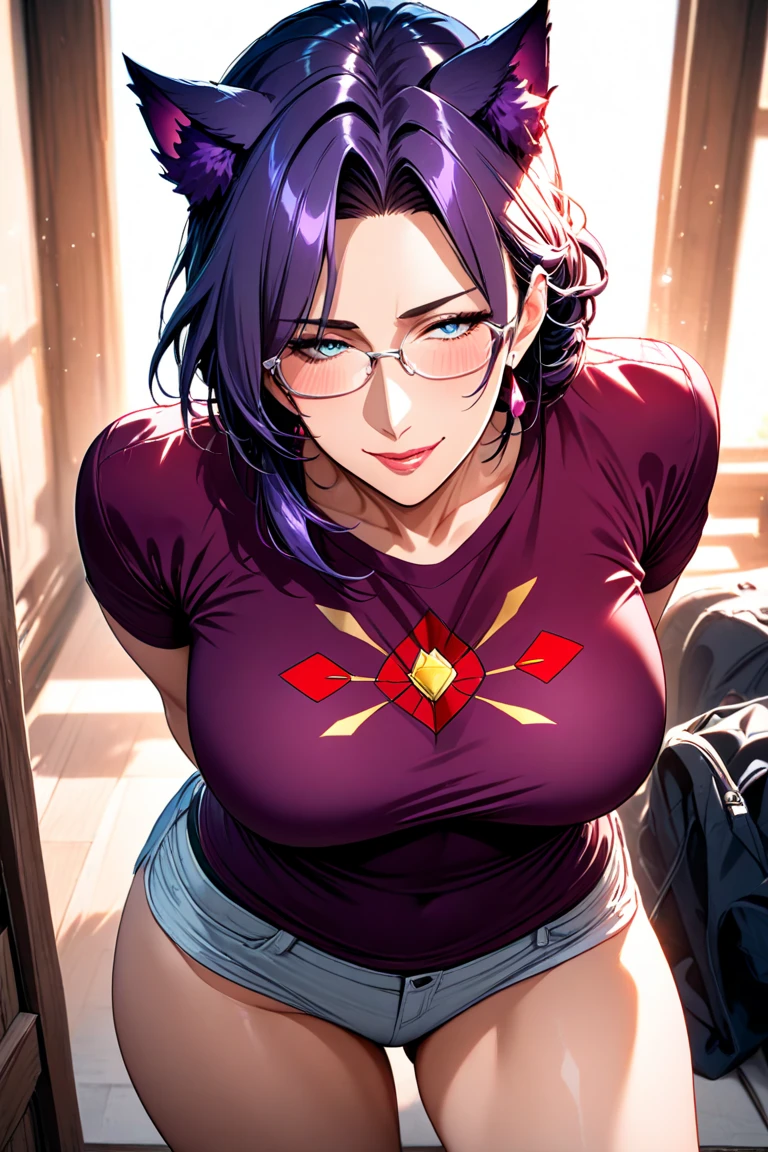 (masterpiece), best quality, expressive eyes, perfect golden statue succubus girl hybrid face, long cyan and blue hair, reddish red eyes, glasses, dark purple turtleneck sweater, black leather jacket covering it, black mini skirt, black stockings, mega perfect perfect and round breasts, thick thighs, home, backyard, garden, at night, loving her boyfriend with a mischievous smile, nfsw