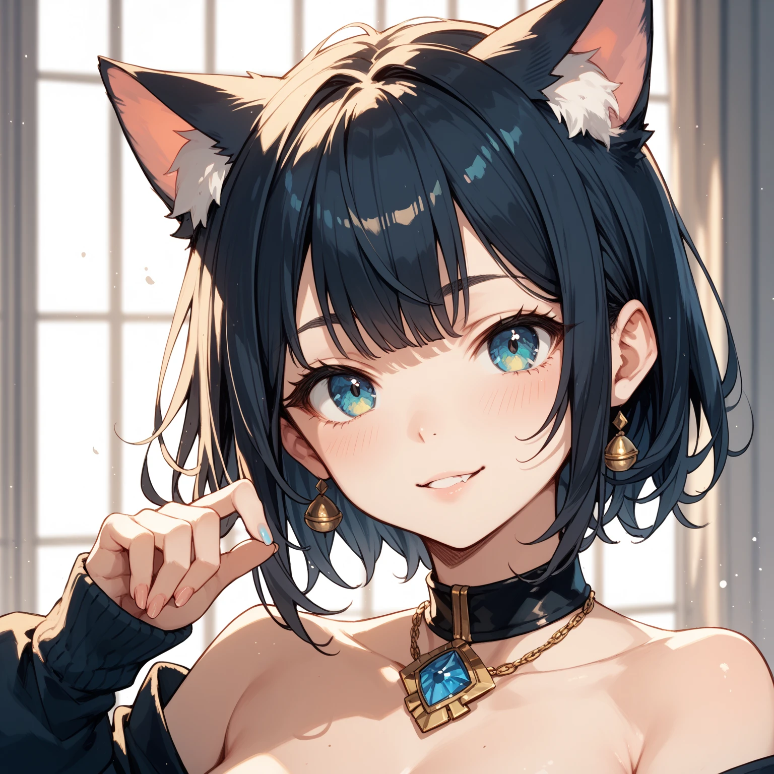 Watching the audience, 1 person、girl, Open your mouth, smile, Virtual YouTuber、((Highest quality, expensive_solve, Clear_image)),(Black Hair), (Black cat ears), (Ahoge), (Ridiculously short hair), (Wavy Hair), (blue eyes)、Very large ,Wearing a dress、Condescending face、Lay down、