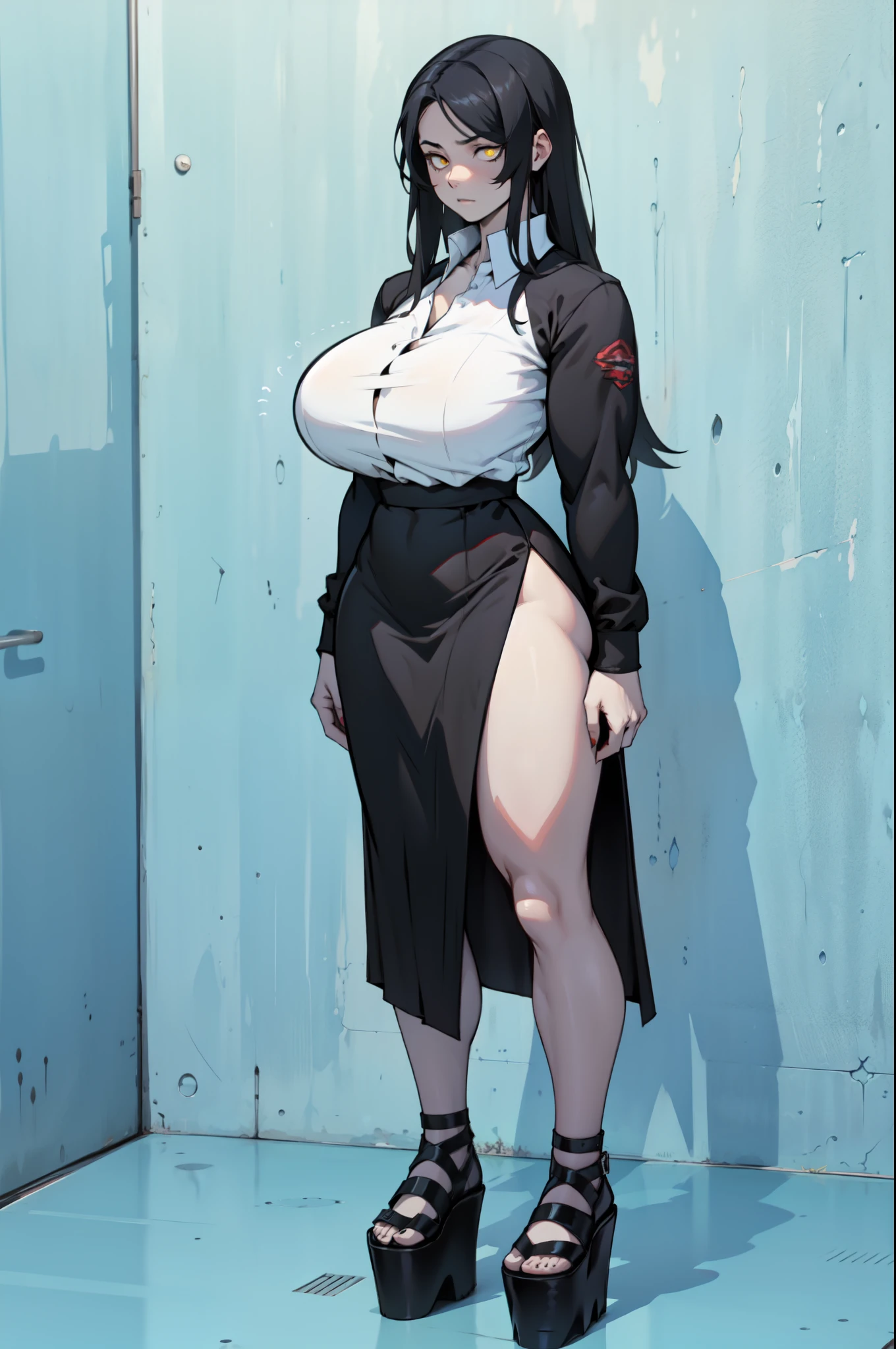 (( best quality, masterpiece, )) Crimson eyes, glowing eyes, night, red robe, full-body, standing, female, long hair, black hair, massive fat chubby belly, massive fat breasts, very wide fat hips, thick thighs, massive fat wide round ass, eerily cute, shy,