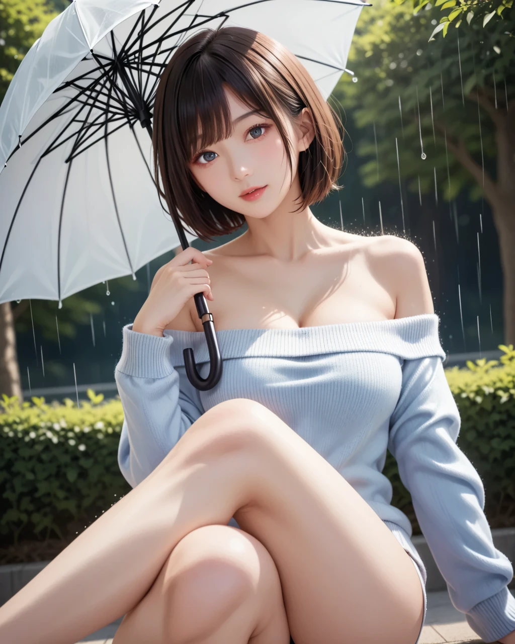 best qualtiy, 1girll, beauitful face, (photograph realistic:1.3), edge lit, (highdetailskin:1.2), 8K UHD, digital SLR camera, high high quality, A high resolution, 4K, simple bokeh background, Optimal proportions of four fingers and one thumb, (realisticlying:1.3), Cute 1girl, d-cup breasts,Thighs apart, Clean the soles of your feet,Wearing white erotic lingerie,Thong panties,Worn with white suspender stockings,Pose in the rain,Perfect white haired girl,