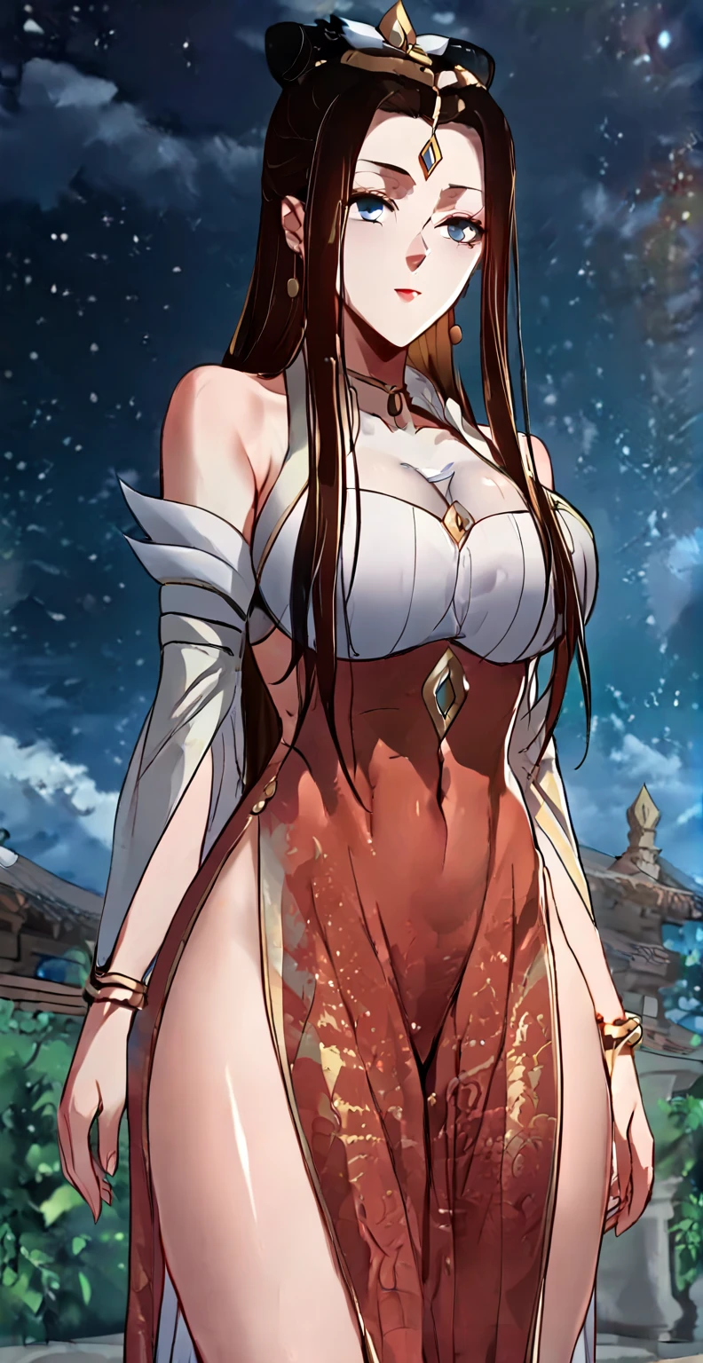 (Masterpiece:1.2, best quality:1.2, ultra-detailed, illustration), Albedo (overlord), (sparkling yellow eyes), ((symmetrical eyes)), (detailed eyes), (long eyelashes), thick long eyebrows, ((blushing)), (embarrassed face), (detailed face), (glossy red lips), horns, (white slit dress), (tight clothing), (beautiful round breasts:1.4), exposed cleavage, (slim waist), ((())), (pov thigh), ((from below view)), (standing on wooden bridge), ((sunset sky, clouds)), (dawn), cinematic view, (vivid colors), (digital illustration) ,(fantasy) (highres:1.5), (blurry background), highly focused, award-winning, intrinsic details, aesthetic, (add_details:1), ((beautiful eyes)), (symmetrical eyes)