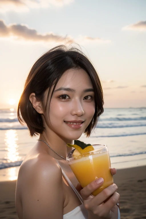 ((Photorealistic lighting, highest quality, 8k, masterpiece:1.3)), clear focus:1.2, viewer discretion advised (New South Wales) (New South Wales) (New South Wales):1.2, ((realistic)), ((natural light, highest quality)), model-like figure:1.4, (dark brown hair, chest out:1.2), short hair, solo, setting, (25 years old:1.3), highly detailed face, detailed eyes, double eyelids, necklace, wristband, eyeliner, colorful bikini, legs apart, (large), (black dress), (seaside, beach, sandy shore, drinking alcohol)