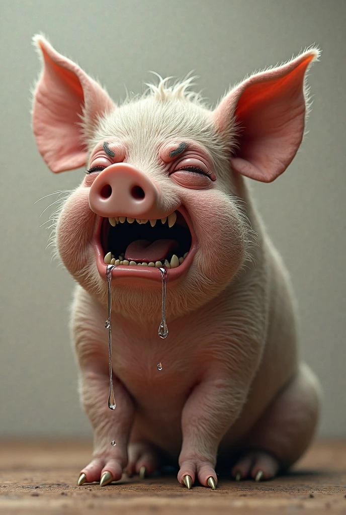 A pink rubber pig with intestines, stabbed with a knife. Vomit is flowing from the mouth. He is lying in the mud. He is crying, with hooves