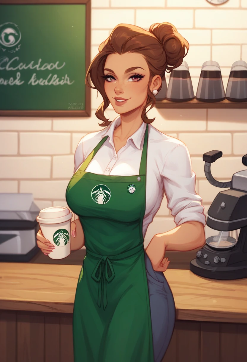 Prompt: ,score_9, score_8_up, score_7_up, score_6_up, score_5_up, score_4_up, BREAK, source_anime,1girl, korra, brown hair, dark skinned female, ponytail, long braid, blue eyes, dark skin,naked apron, barista, starbucks, exposed breasts, breasts, coffee shop setting, green apron,Avatar , nipples, smile, holding a coffee cup