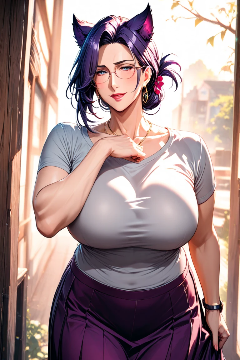 Beautiful mature woman, purple hair, blue eyes, thin frame eyeglasses, extremely long hair, messy hair, hair covering one eye, freckles on face, happy, smiling, blushing, thick lips, full lips, huge breasts, extreme cleavage, deep cleavage, very thin body, toned abs, white tank top, white top, midriff, sleeveless, bare arms, heart shaped choker, skinny jeans, perfect anatomy, party background, sunny day, ultra-detailed, 4k, 8k, best quality, masterpiece, model, modeling, posing for camera, detailed background