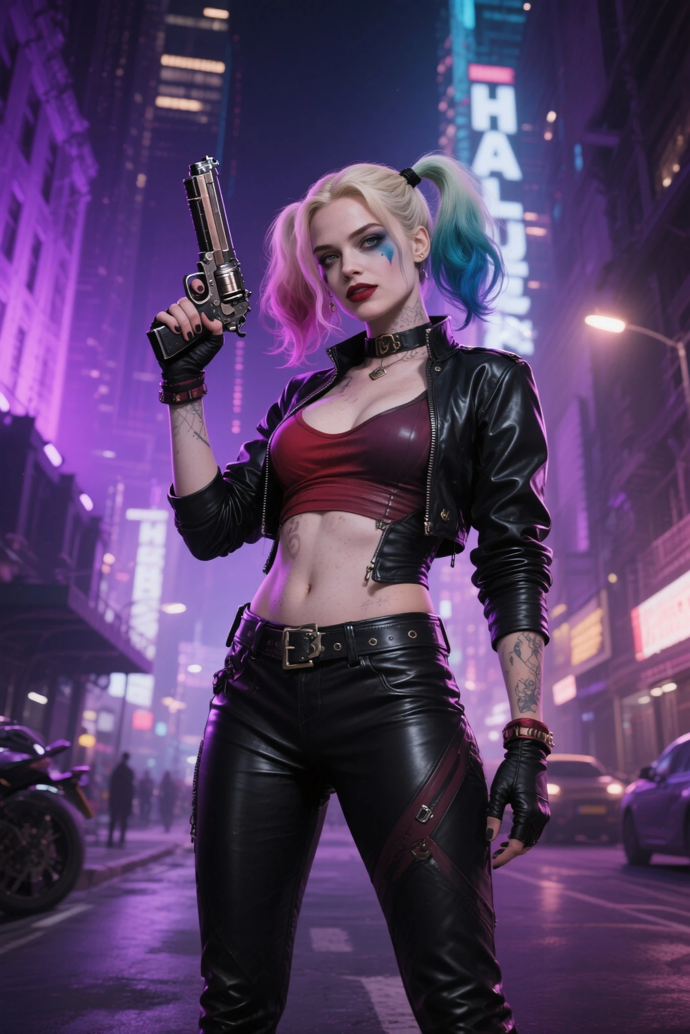 ((30 mm lenses)), ((harley quinn)), ((margot robbie)), ((camera in low angle shot)), top quality, detailed beautiful girl, blonde, ((blue eyes)) and highly detailed face , beautiful detailed eyes, huge file size, high resolution, high resolution, 8k wallpaper, fine details, 8k wallpaper, light on face, film lighting, (photorealism: 1.4), surrealism, looking at camera, super detail, Masterpiece, (gothic city alley), dark winter night, (looking at the camera with a cold stare), (sinister smile), he is holding a baseball bat with his right hand, ((pointing to the camera with left hand))