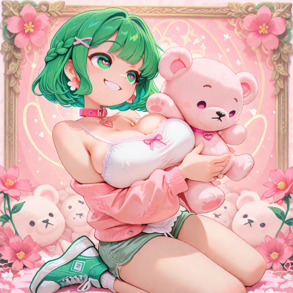 full body, solo, 1girl, looking up, smile, blush, aqua hair, heart hair bun, light purple eyes, beautiful detailed face, ultra detailed eyes, large breasts, beige compression shirt, sidelighting, Eucalyptus_silver_dollar \(flower\), floral background <lora:hado_style_v05.02:1>