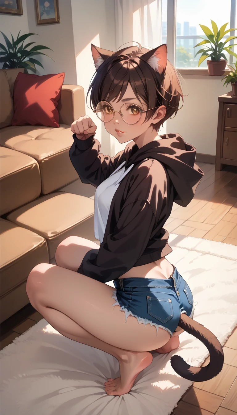 Upscale,lamplight,8K,k hd,(((Anime manga girl))),((On a table)),Best quality, Extremely detailed CG unified 8K,(( 1 girl in)), (Beautifully meticulous),lamplight, Intricate patterns,Character focus,track suit,Sports warehouse,with short black hair,No bangs,wears glasses,The girl lies on the mat and raises her buttocks high,The girl looked nervous,face flushed,girl belly bloated,full buttocks,skinny pants