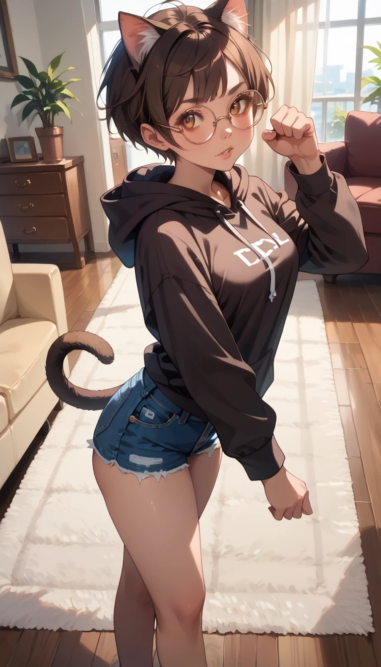 masterpiece, Highest quality,Cute doodles,One Girl,Brown Hair,short hair,Thick eyebrows,Girl wearing shorts,Very short stature,Flat Chest,Small Ass,Very thin thighs,Cat,Open Fly,I'll strip you naked