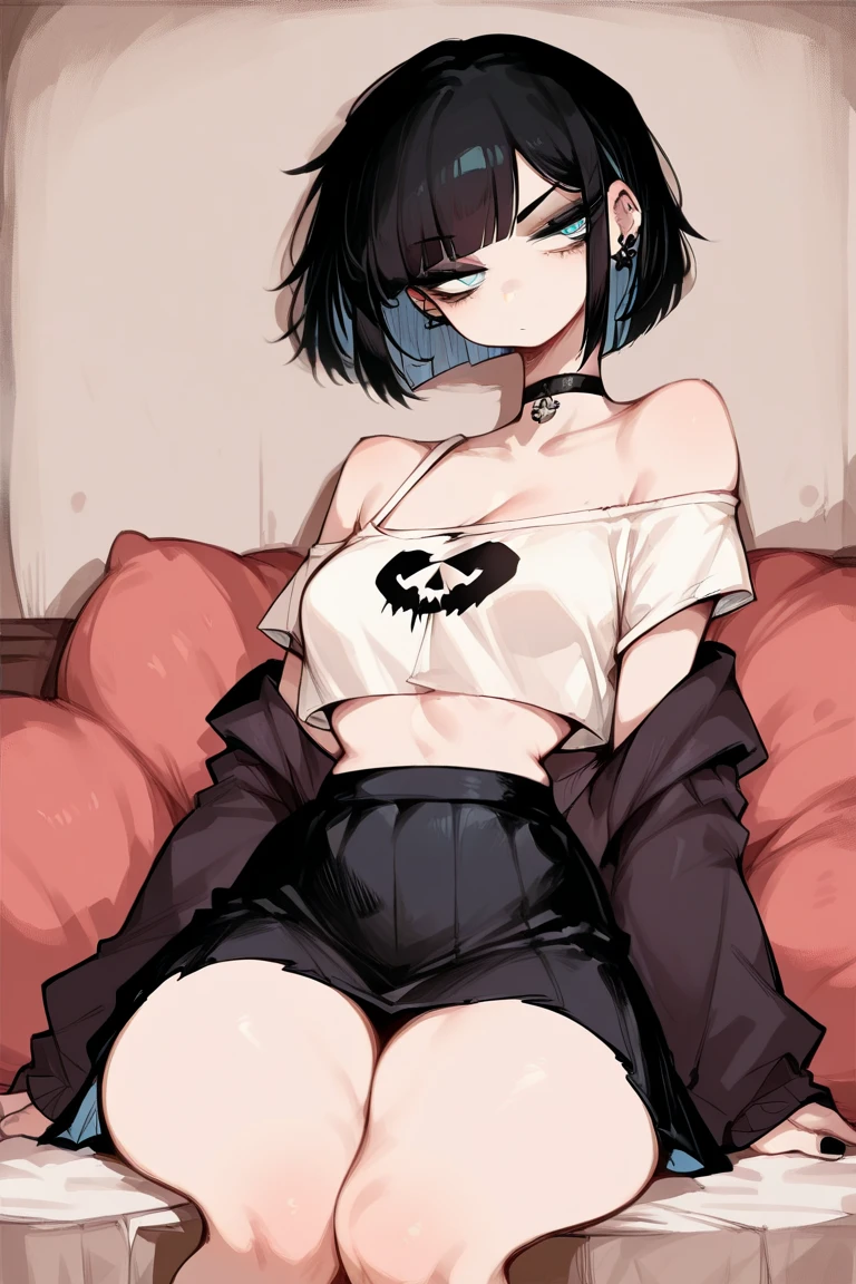 hiquality, tmasterpiece (one girls) Thin body, frowning face, short dark hair. gray eyes, body piercings, catkin, pale skin. dark t-shirt with a skull, panty, thin collar around the neck with spikes. bare feet.