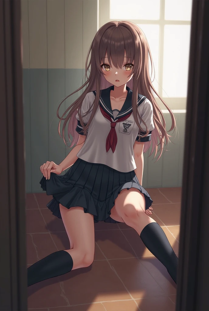 ((masterpiece,best quality)), highres, extremely detailed 8K wallpaper, depth_of_field, cowboy shot, solo, 1girl, kr1, brown eyes, long hair, blunt bangs, slender, skinny, medium breasts, kibito high school uniform, sweater, pleated skirt, socks, white string thong, (full-face blush), embarrassed, BREAK, Flashing panty, (Skirt lift:1.4), (lifted by self:1.4), string thong focus, (restroom:1.2),(urinal:1.3), dirty, trash, cracked wall, dark, broken, abandoned, (night:1.5),(dark background:1.1), extremely detailed hands, ((accentuate white string thong)), ((skirt grab with both hands)),