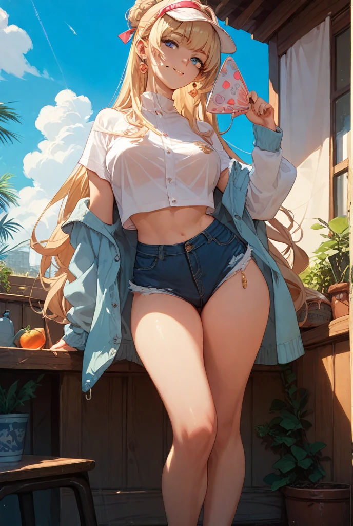 1girl, anime girl, anime, (dark skin), 2d girl, 18y, (fullbody), standing, anime girl, pensive, (blonde hair), ((black blouse)), Solo, Slim, large breasts, big , big Breasts, Tight Shorts, low waist shorts, upshorts, skyscrapers background, modern city, looking at viewer, darker shadows, (((Wedgie))), (((explicit))), (((shorts))), (((absurdres))), (((thigh gap))), (((cleft of venus))), (((lowleg shorts))), (((innie pussy))), (((inniepussy))), (((innie_pussy))), (((pussy heart cutout)))