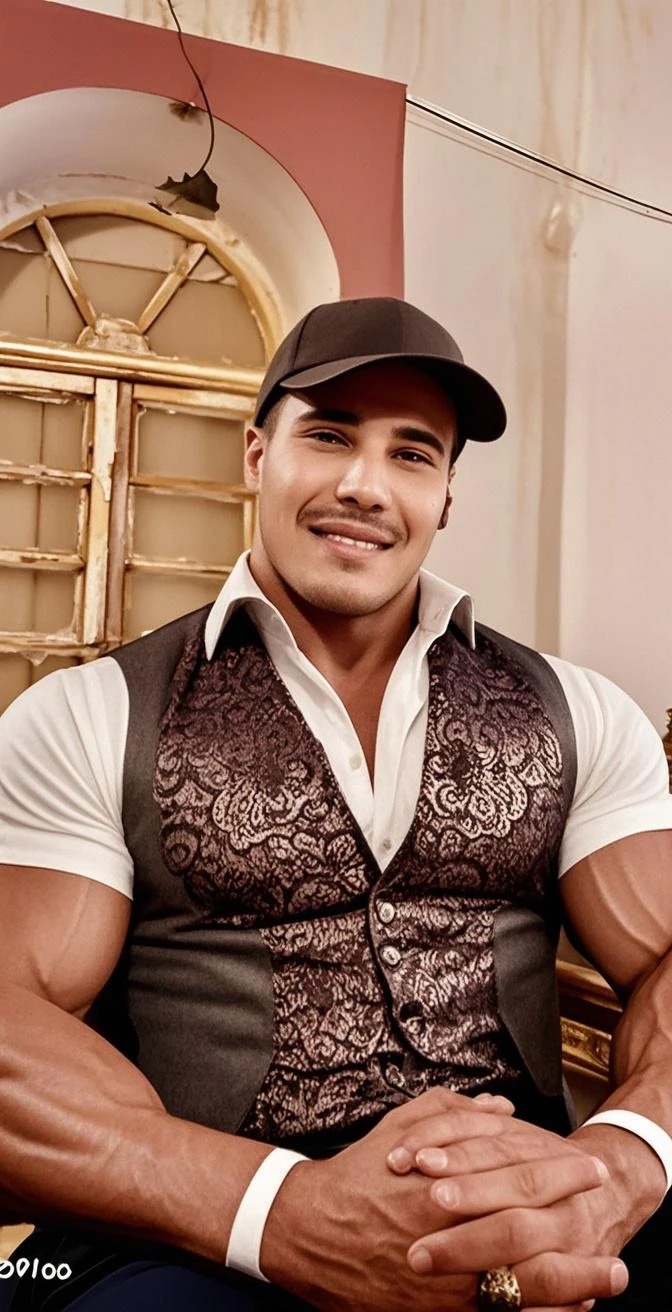(masterpiece, intricately detailed, highest resolution, best quality:1.2), (doujin), a cocky instagram influencer, a 36 y.o muscle dom with a muscular physique sitting on a chair with blue eyes,ntattoo, ((neckline_tattoo)), dark-skinned male, clean shaven, wearing a ((open jacket, big chains, chav, armbands)), ((excessive cum)) ((cum on body)) (cum drip), flaccid penis,saggy balls,hairy chest,vascular,muscle striations,soft light,fantastic realism, colth, hdsrmr