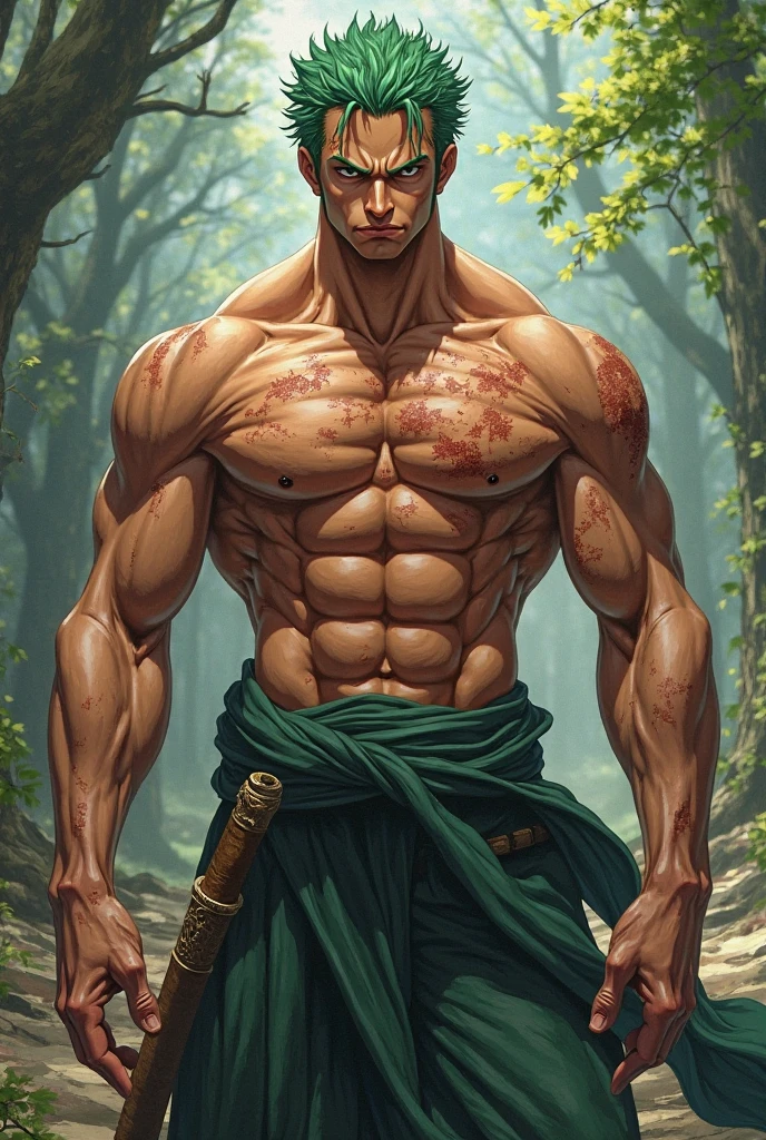 A masculine young man with a physique like a movie star, green hair, and the element of wood.