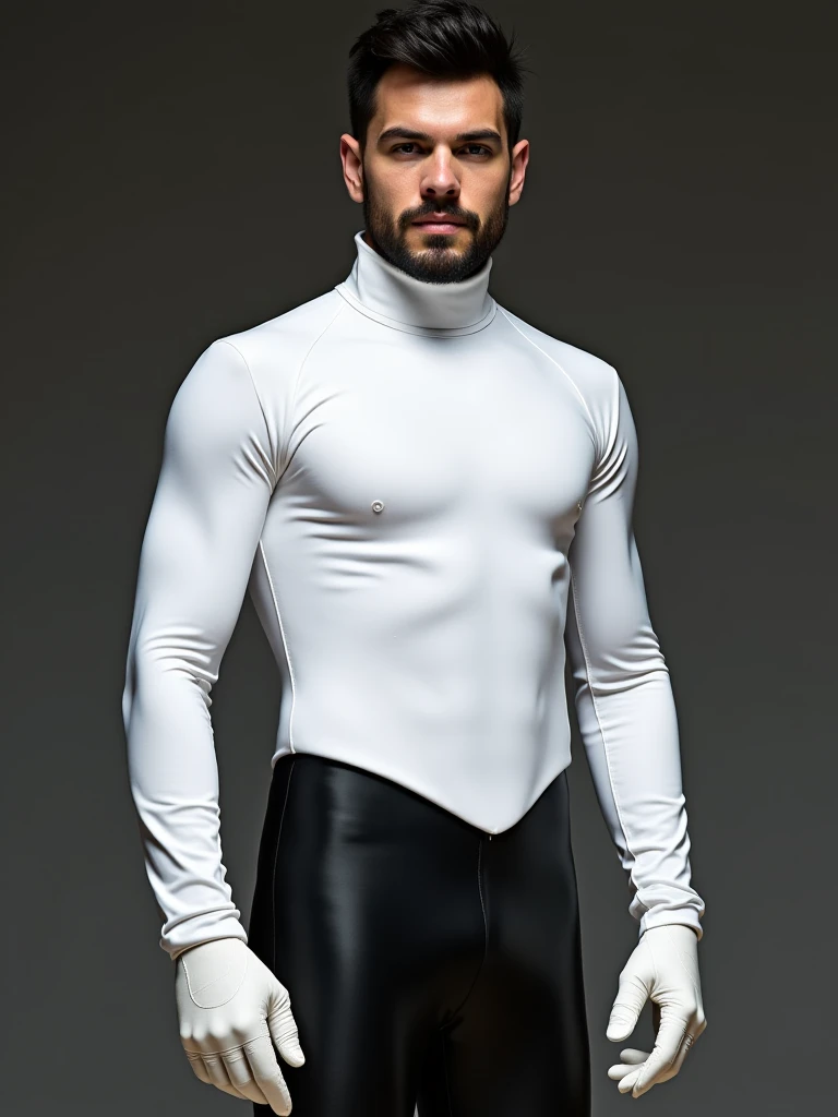 Futuristic rubber high waisted white leotard, skin tight, hair visible, hands visible, gloves, boots, toned male, young man, shiny leotard, hands covered, handsome boy， big bulge , thick thighs , thick hips , handsome Korean man , K-pop idol, （bare thighs）， exposed thighs , sexy , NSFW , eroticism ， epic reality , epic photorealistic  , bottomless , detail face, side belly ,  ( extreme tight high waisted white leotard), (extremely small size leotard squeeze out the side belly) , thick fat booty. Fat buttocks , 16k resolution , ultra-high clarity , hyperrealism, uhd , only male , only boy