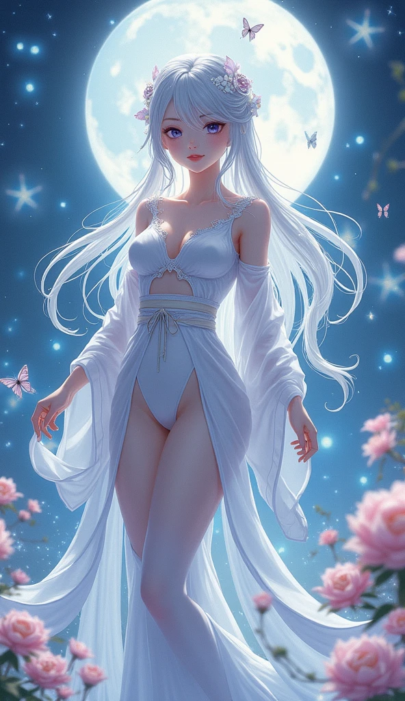 realistic, 1 girl, gray hair, purple eyes, shining eyes, naked, nude, parted lips, blush, night, flowers, moon, moonlight, sexy pose, full body,