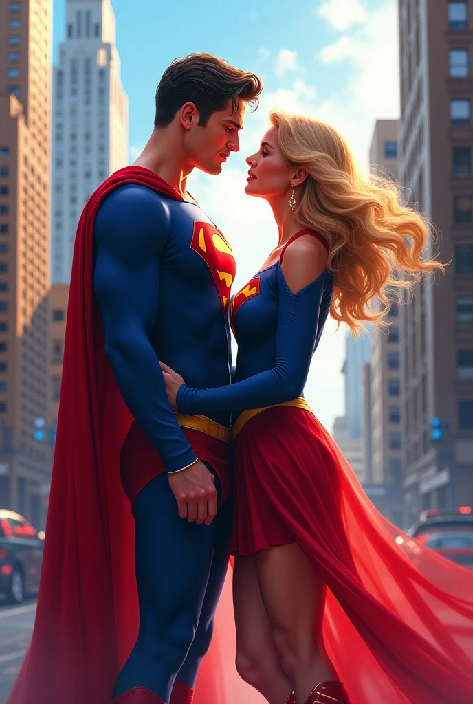 make a white superman saving a very fat blonde woman in a dress, he is flying with her in his arms