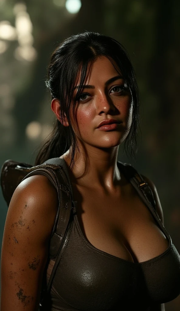 Nsfw, indian 30 years old woman as Lara Croft, rise of The tomb raider, (master part, 4k resolution, Ultra-realistic, highy detailed), (Charismatic,  at the top of the city), fully body, (blue colored eyes:1.2), natta, dynamic lights), (fullmoon))], Standing, taking off her panties, wet pussy, (cleavage),(plus size:1.3),different poses, different angle ,(down blouse), saggy breast,  front view, gun ,bottom up view 