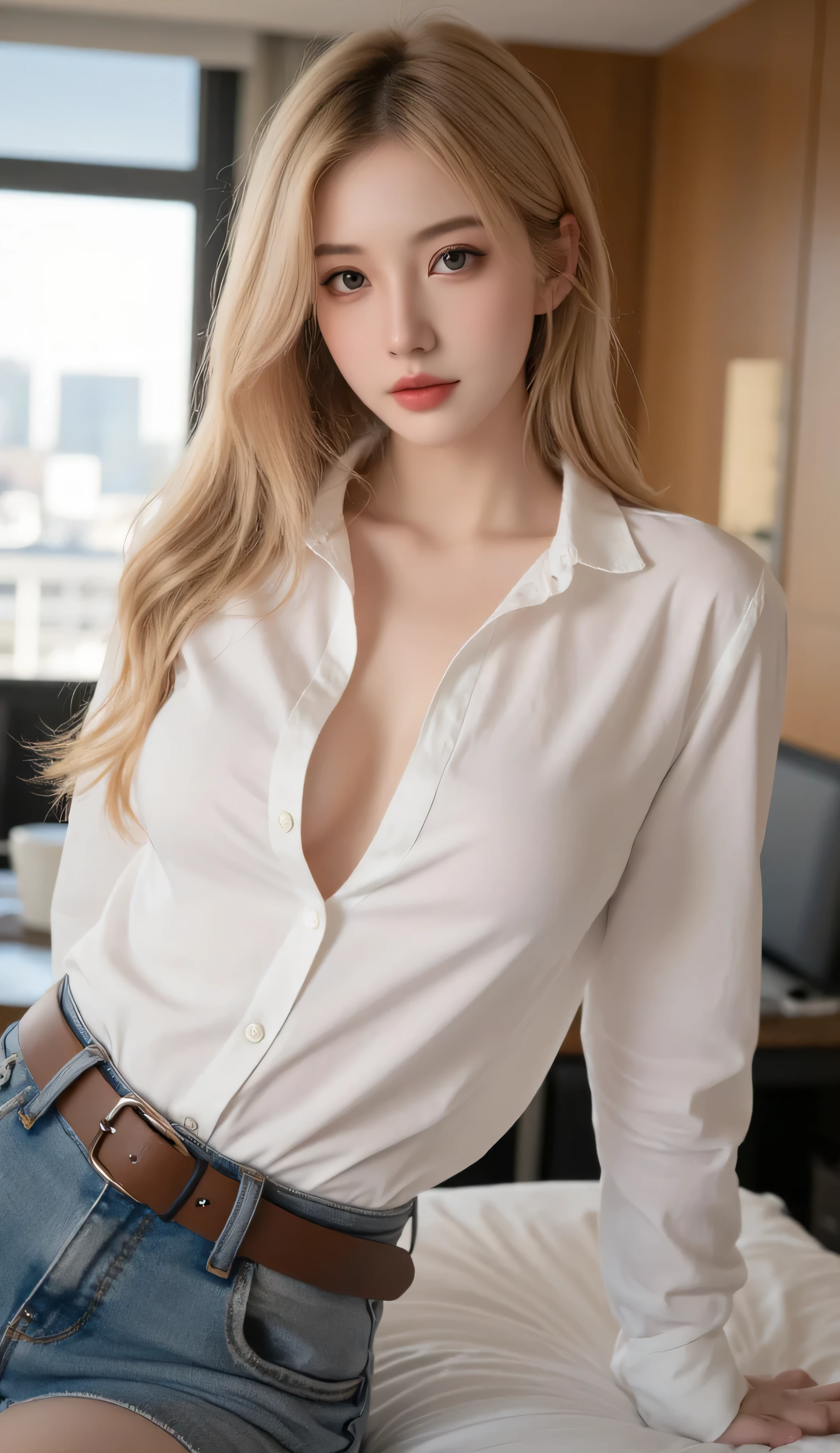 (8K High Definition Masterpiece Only the best quality. complicated details Chromatic aberration) realistically ((small breasts)) Hair in one eye, purple eyes, round hoop earrings, sharp eyes, diamond choker ( symmetrical eyes) (perfectly symmetrical body;) The photos of the 21-year-old teenage girl are very beautiful.(Fittings) Beautiful and charming with contemporary fashion paintings as well.....Looking at the viewer, photographed from above from above the knees. ((In the background of a large classroom)), (black short skirt) , ((The young woman wore a white short-sleeved shirt with a wide open neck and a deep cleavage, exposing her chest. Unbuttoning the shirt, the shirt opened, revealing her separate breasts.)) ( ( Black short pencil skirt Deep cut on the side,Sitting with legs open)) Square head leather belt ((Put your hands down.)) Blonde bob, long hair, bangs to the side. copper blonde hair Sharp eyeliner, eye shadow, smile, blush, thick eyelashes, very delicate and beautiful. Round chin, sharp focus. Sit with V-shaped legs wide open, one leg higher than the other, spread apart... dynamic poses
