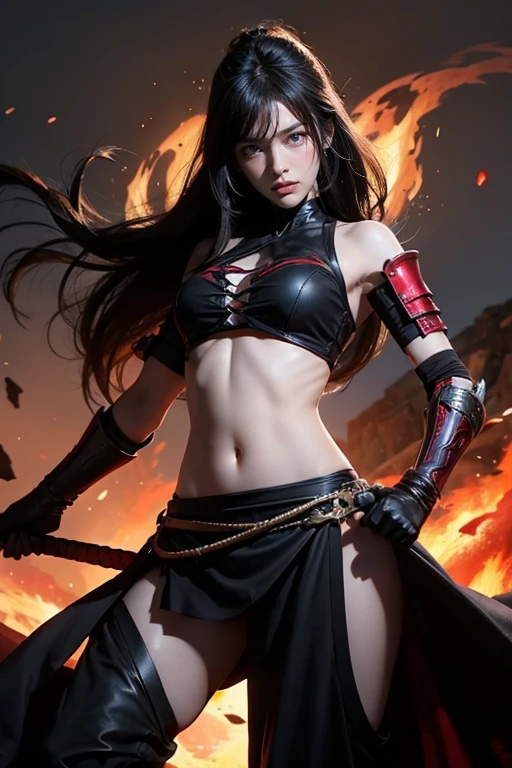 olmun as Kia from Mortal Kombat, black loincloth skirt with red patterns, black sleeveless crop top, thigh high boots on heels, gloves, accessories, make-up, long black hair, seductive, sexy, hot, sultry, shapely, intricate, high detail, sharp focus, dramatic, photorealistic painting art by greg rutkowski