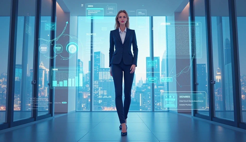 (photorealism:1.2), beautiful woman, swedish, brunette, assistant, pencil skirt, 18yo, corporate lobby, white floor and ceiling, blue lighting, hologram, projection, floating above ground, looking at camera, short hair