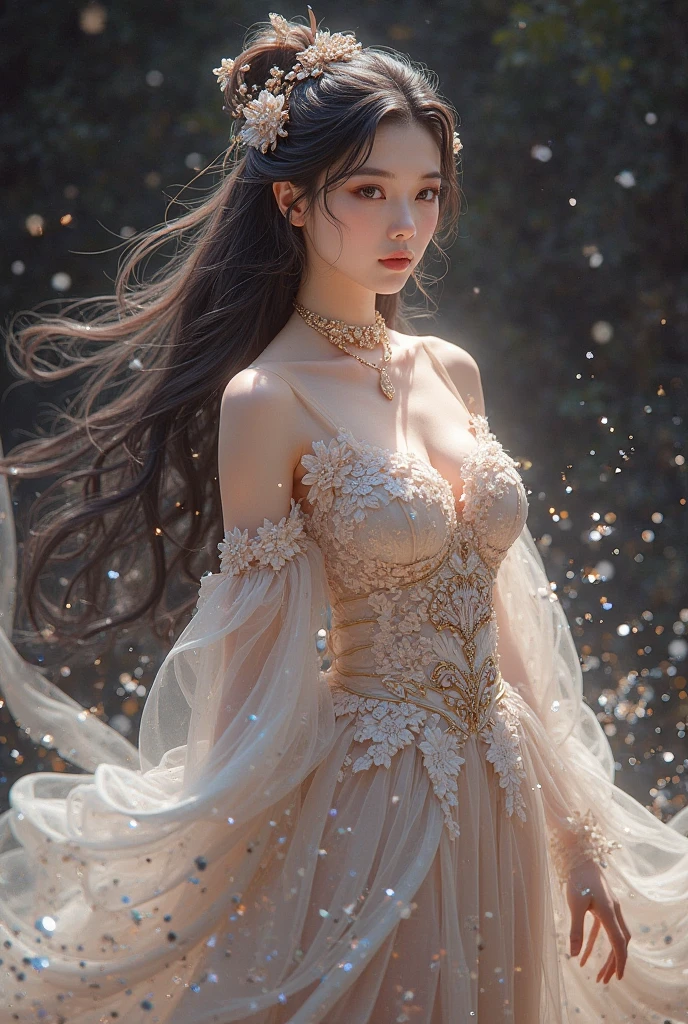 strapless two-tone dress,
pantyhose,（quality improvement：1.4），1girl, Visible cleavage，Sexy long legs，The skirt is short，She gently lifted her skirt with one hand,Surrounded by white Phalaenopsis orchids，Lilac dendrobium、White Lily, Flying petals，（Top quality leather), Delicate face,Black Hair, Gradient hair, Body,（Body1.1）, He has a precious gem on his forehead.., Frameless glasses, Shining Student，Long eyelashes,Smile, Surrealism, Movie Lighting, Projection Insertion, Surrealism, Ultra HD, masterpiece，lie，Keep dreaming，Open your legs slightly.，Tattoo，Fantasy Space，Luxurious space，Exquisite makeup，Blush，Shy expression