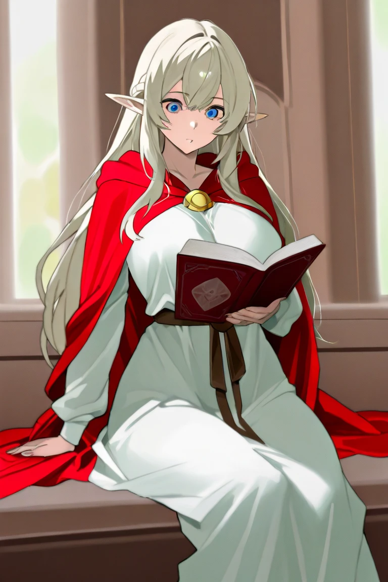 Masterpiece, best quality, portrait, demoness, pale skin, center frame, white long hair, youngish face, fantasy, red heart eyes, bright red body and skin, bashful and nervous, doesn't wear makeup, c-cup breasts, elf ears, shy face, happy eyes, black fantasy dress, cute, beautiful, hugging book, demon horns and tail, top half of body, bed