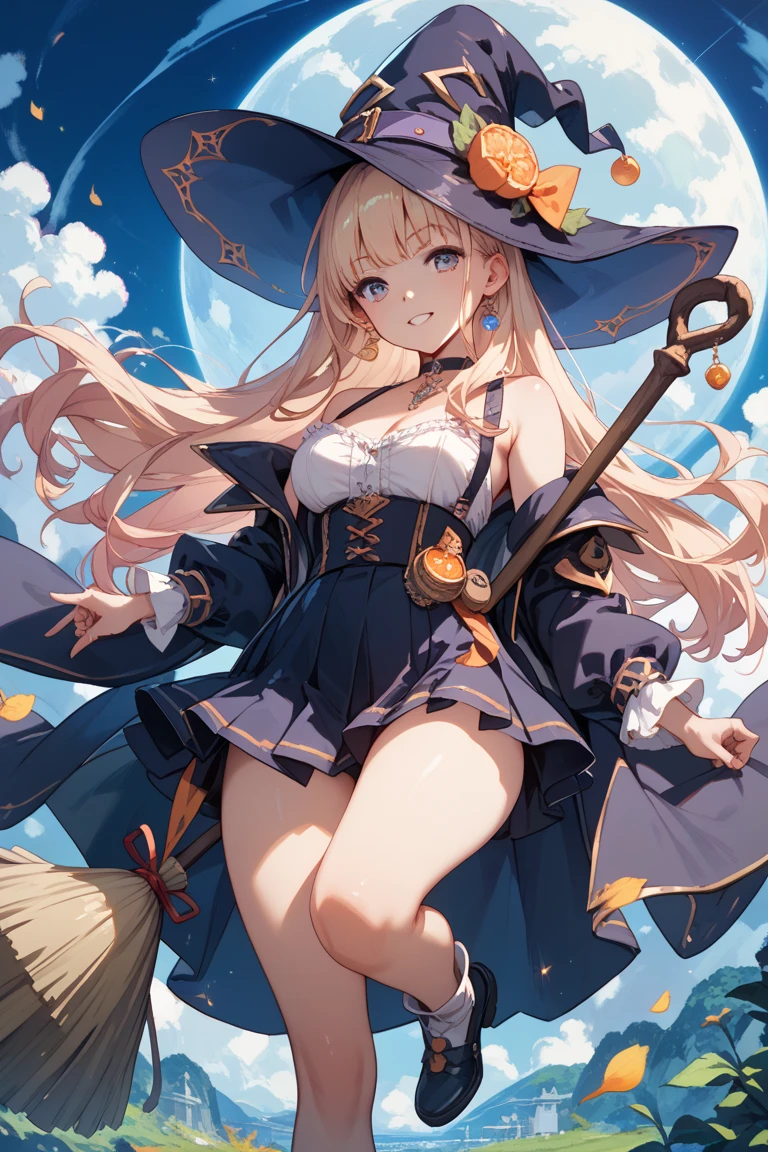 The image depicts a colorful fantasy-style artwork. In the center, there is a witch with blonde hair wearing a large hat, appearing as if she is dancing in mid-air. She is dressed in a classic witch attire, with a frilly white and black dress and black shoes. The witch is extending one hand forward, holding a magic wand in the other hand, smiling happily.
In the background, blue magical light surrounds the witch, with yellow star motifs scattered around. Furthermore, on the right side, a small fairy-like character is depicted, dressed in red clothing, riding a miniature broomstick, appearing to shout about something. Overall, the image exudes a magical atmosphere filled with movement and vitality. It incorporates elements of character design found in anime and manga, appealing to fans of fantasy aesthetics.